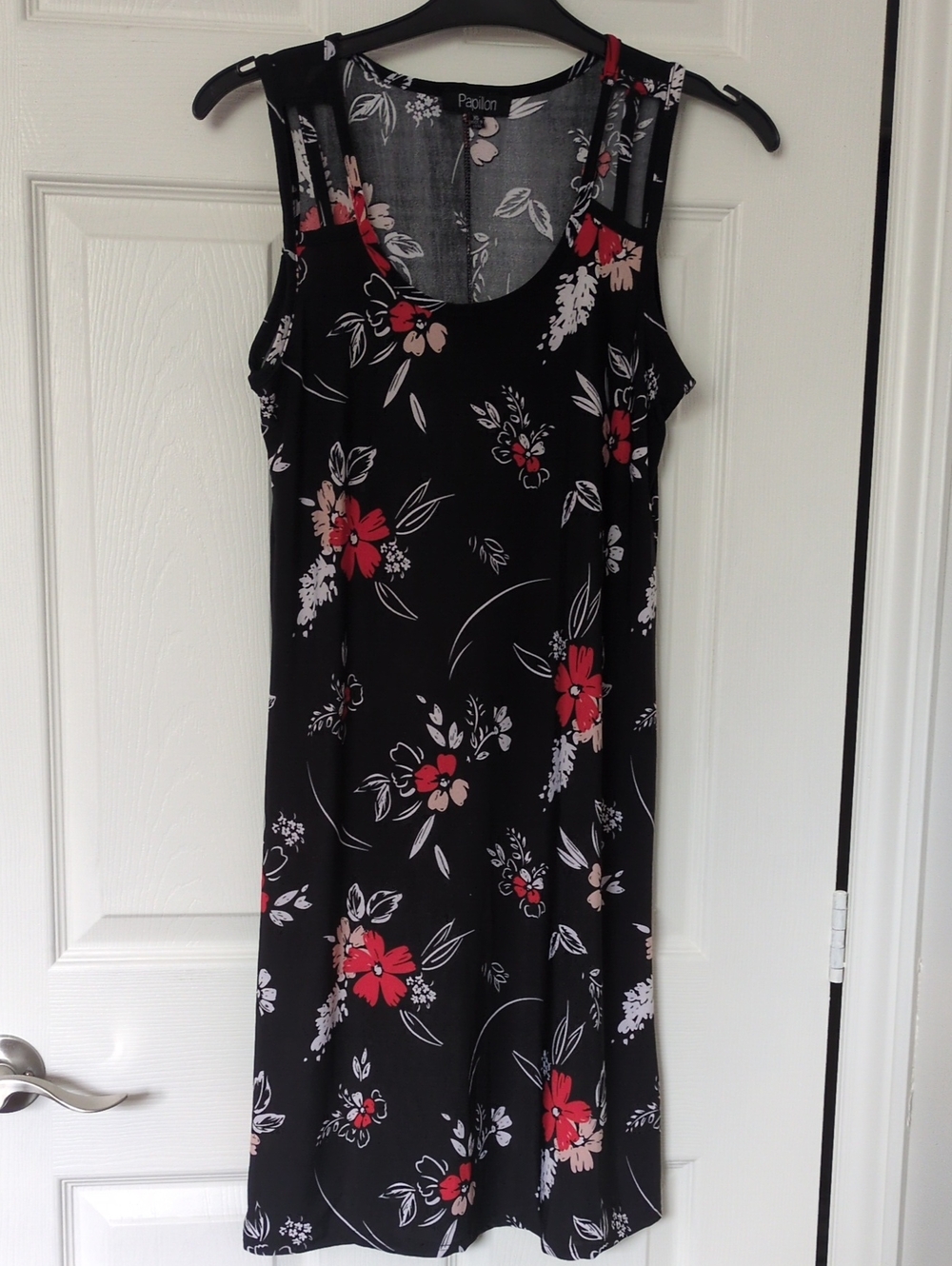 Papillon Blanc Black Floral Mini Dress with Red and Cream Accents